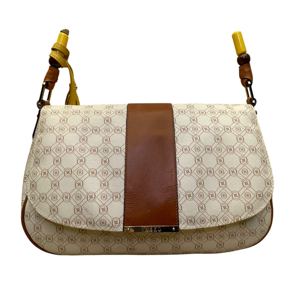 Vakko Women’s Beige/Brown Leather Monogram Tassel Adjustable Strap Crossbody Bag