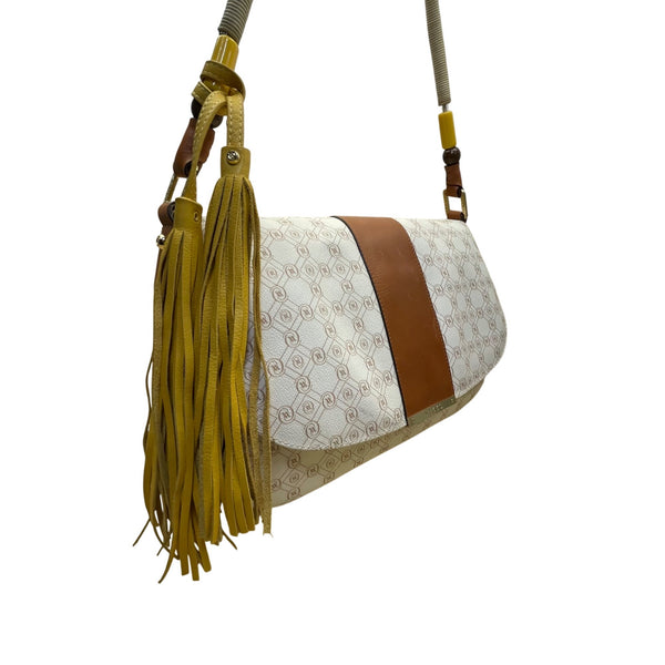 Vakko Women’s Beige/Brown Leather Monogram Tassel Adjustable Strap Crossbody Bag