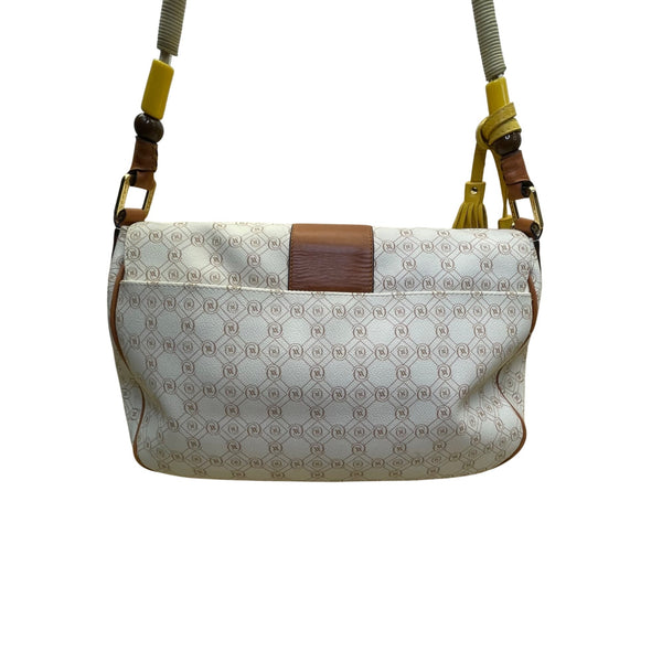 Vakko Women’s Beige/Brown Leather Monogram Tassel Adjustable Strap Crossbody Bag