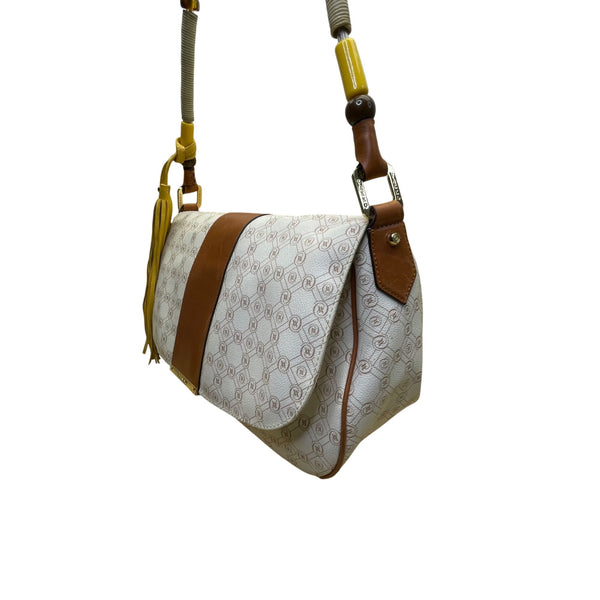 Vakko Women’s Beige/Brown Leather Monogram Tassel Adjustable Strap Crossbody Bag