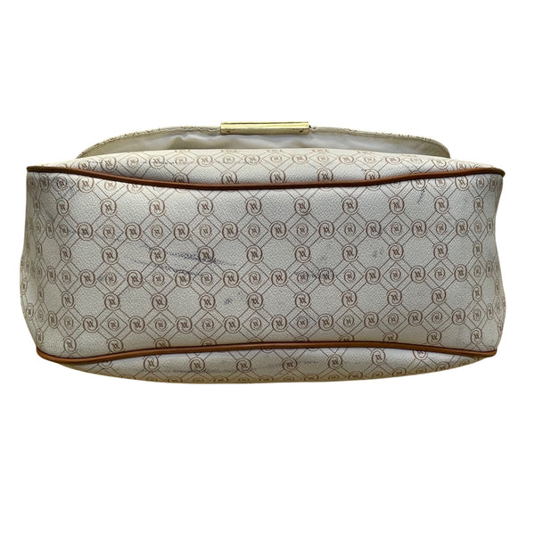 Vakko Women’s Beige/Brown Leather Monogram Tassel Adjustable Strap Crossbody Bag