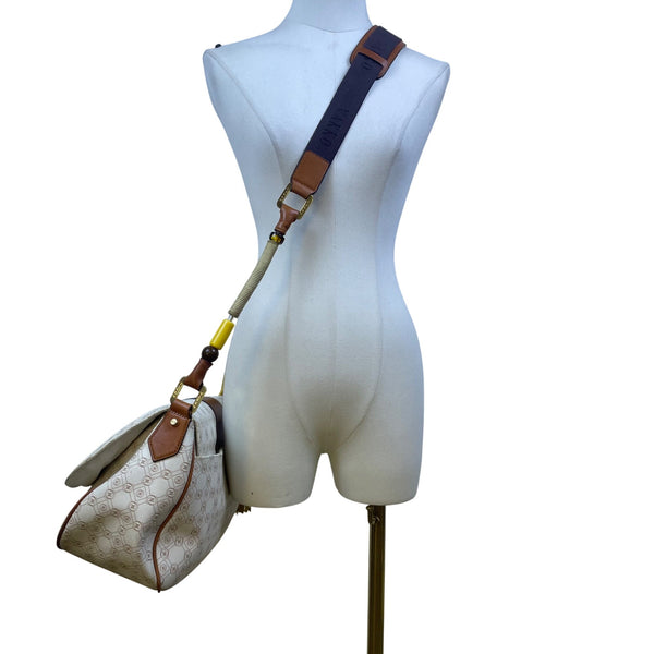 Vakko Women’s Beige/Brown Leather Monogram Tassel Adjustable Strap Crossbody Bag