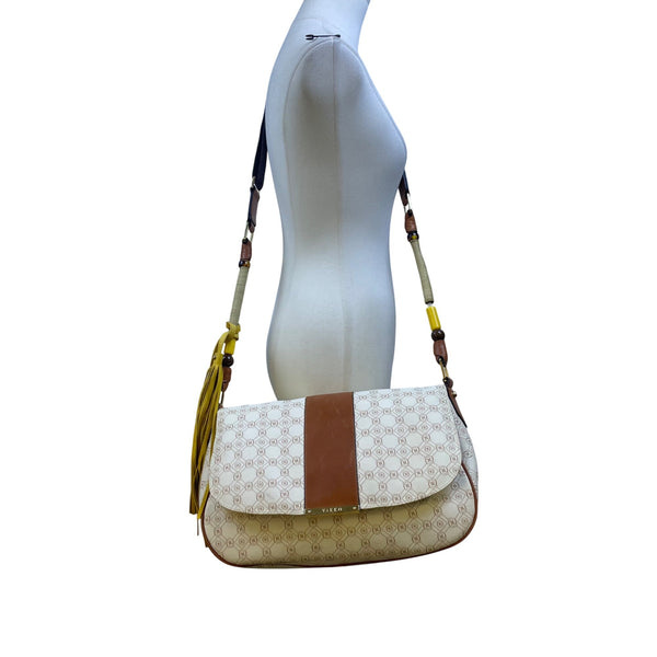 Vakko Women’s Beige/Brown Leather Monogram Tassel Adjustable Strap Crossbody Bag