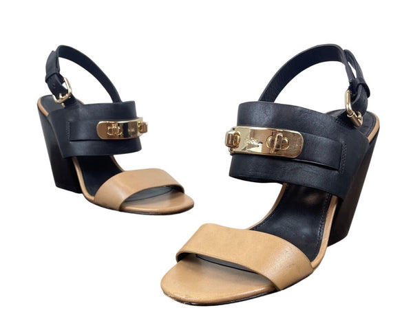 Coach Womens Black & Tan Brown Leather Gold Accents Block Heel Sandals Size 7.5B
