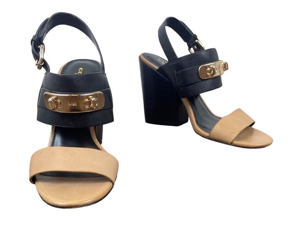 Coach Womens Black & Tan Brown Leather Gold Accents Block Heel Sandals Size 7.5B