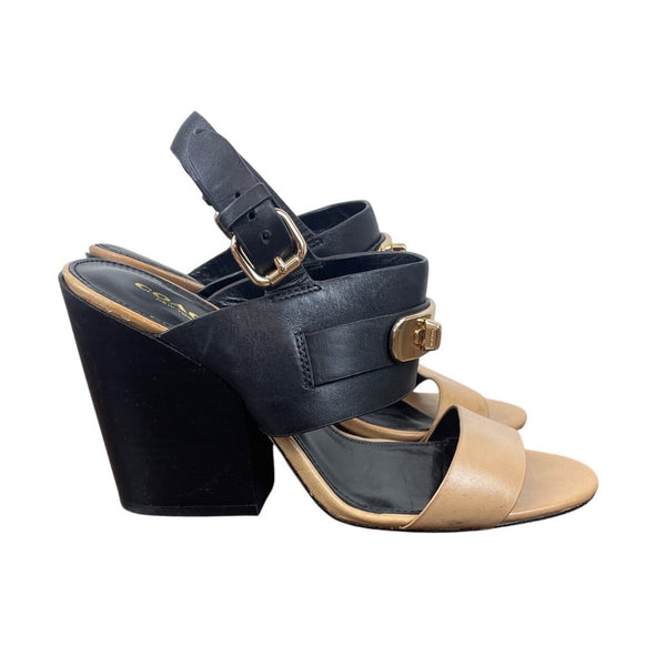 Coach Womens Black & Tan Brown Leather Gold Accents Block Heel Sandals Size 7.5B
