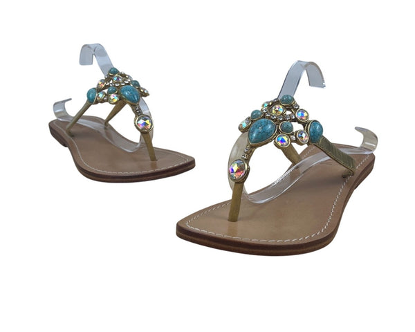 Mystique Gold & Turquoise Embellished Bejeweled Thong Style Flat Sandals Size 9