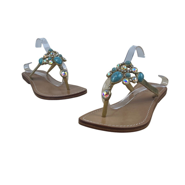 Mystique Gold & Turquoise Embellished Bejeweled Thong Style Flat Sandals Size 9
