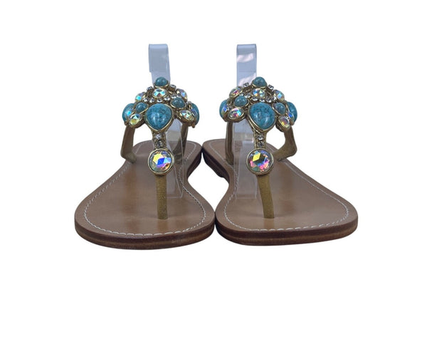 Mystique Gold & Turquoise Embellished Bejeweled Thong Style Flat Sandals Size 9