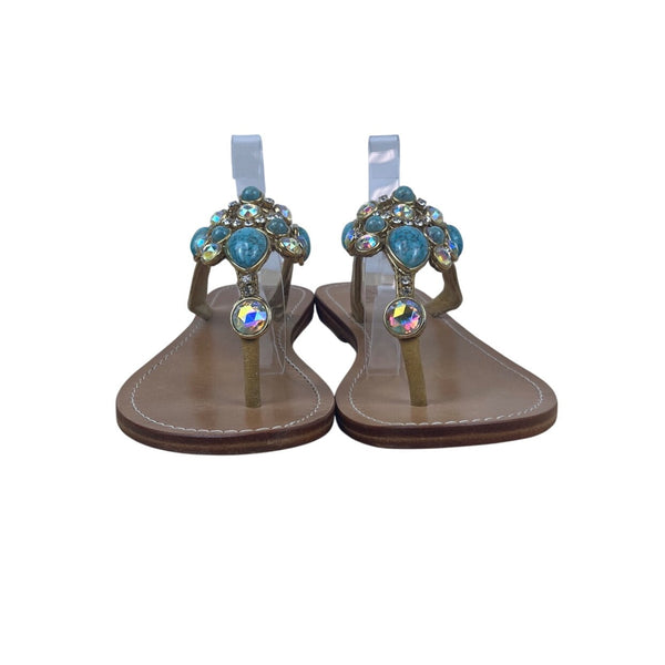 Mystique Gold & Turquoise Embellished Bejeweled Thong Style Flat Sandals Size 9