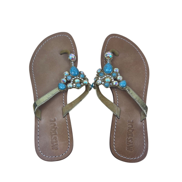 Mystique Gold & Turquoise Embellished Bejeweled Thong Style Flat Sandals Size 9