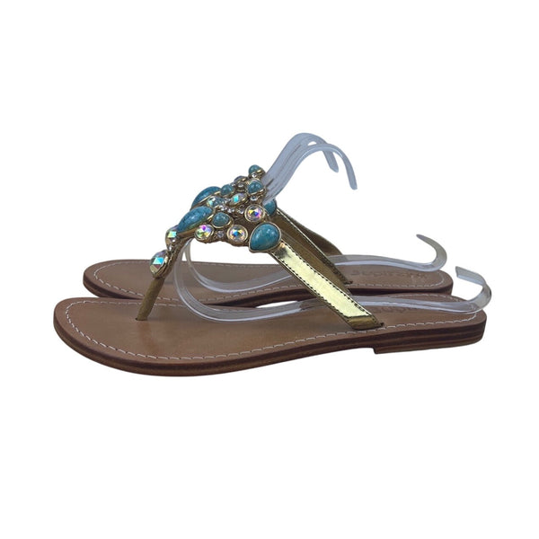 Mystique Gold & Turquoise Embellished Bejeweled Thong Style Flat Sandals Size 9