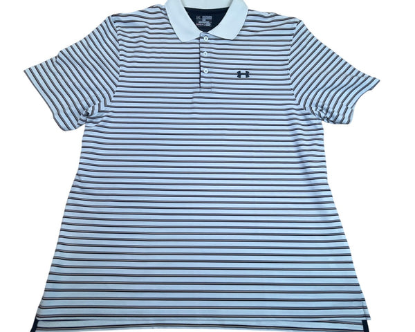 Under Armour Men's White Striped Heatgear Polo Shirt With Loose Fit Sz 2XL