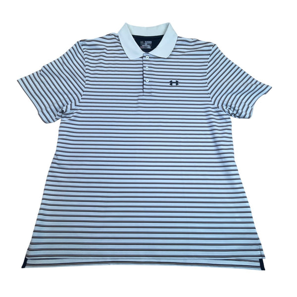 Under Armour Men's White Striped Heatgear Polo Shirt With Loose Fit Sz 2XL