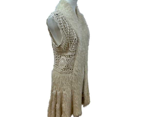 Soho Chick Womens Beige Crochet Knit Shawl Collar Vest Medium Acrylic Open Front