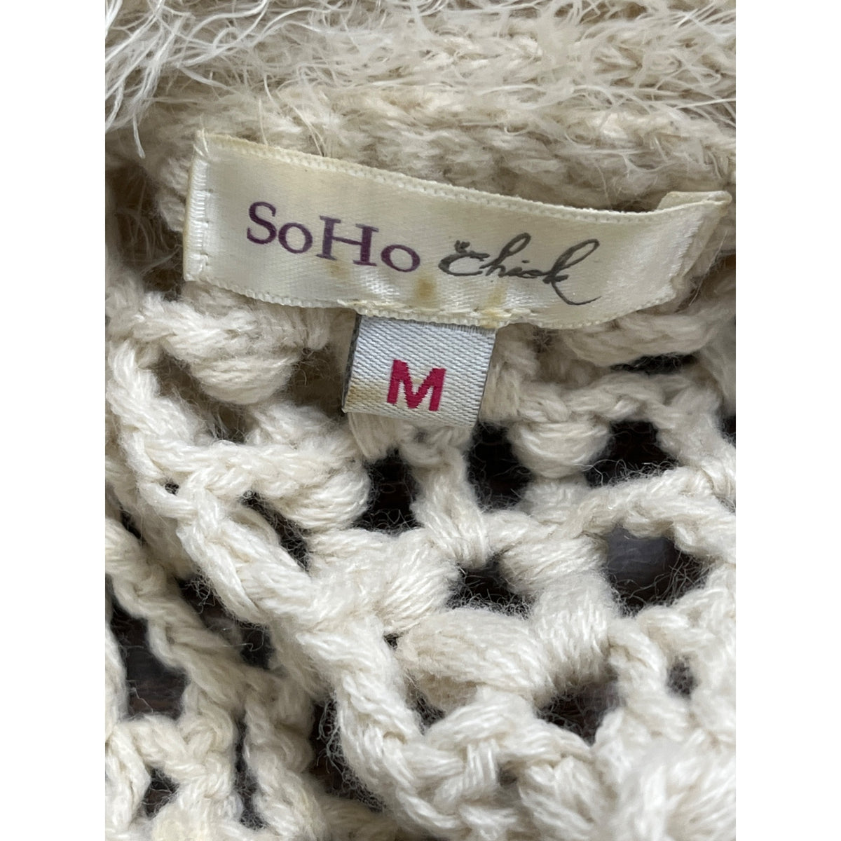 Soho Chick Womens Beige Crochet Knit Shawl Collar Vest Medium Acrylic Open Front