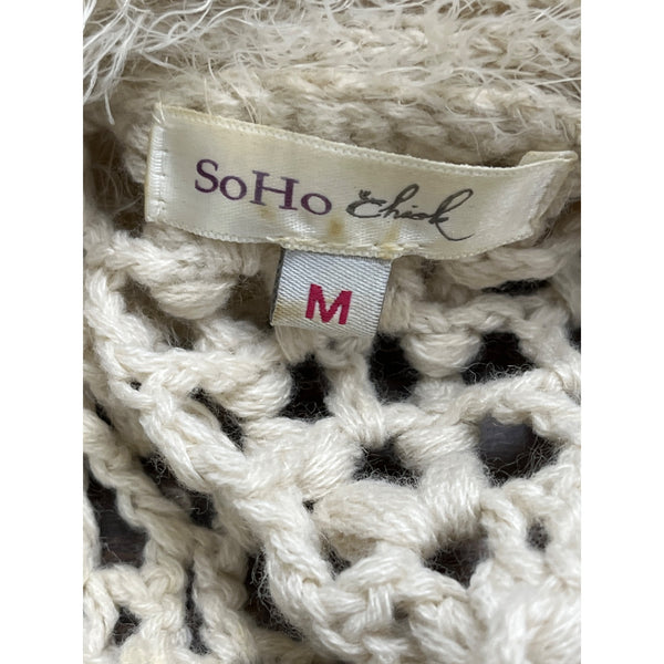 Soho Chick Womens Beige Crochet Knit Shawl Collar Vest Medium Acrylic Open Front