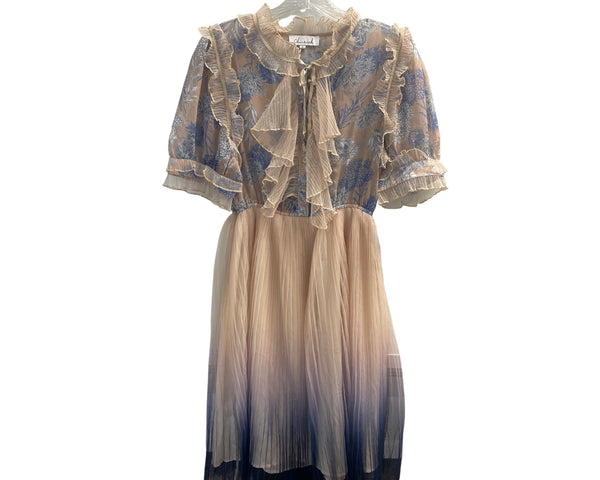 Chicwish Womens Floral Ruffle Midi Dress Beige/Blue L Lace & Sheer Fabric