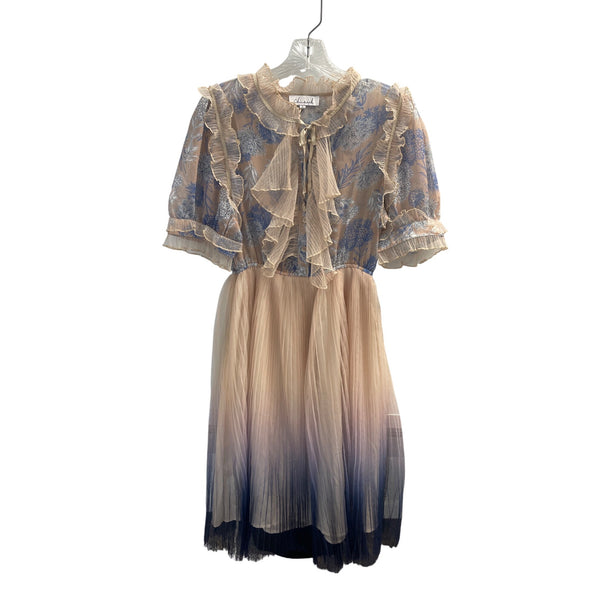 Chicwish Womens Floral Ruffle Midi Dress Beige/Blue L Lace & Sheer Fabric