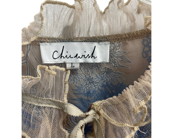 Chicwish Womens Floral Ruffle Midi Dress Beige/Blue L Lace & Sheer Fabric
