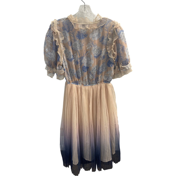 Chicwish Womens Floral Ruffle Midi Dress Beige/Blue L Lace & Sheer Fabric