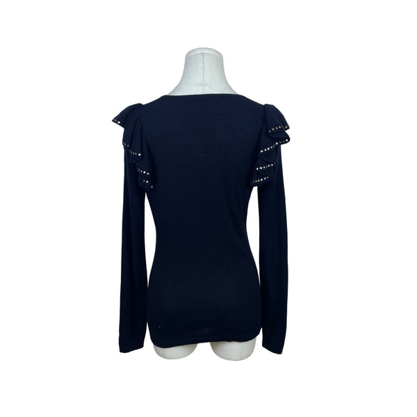Neiman Marcus Women's Black Cashmere Ruffle Sleeve Long Sleeve Sweater Size S