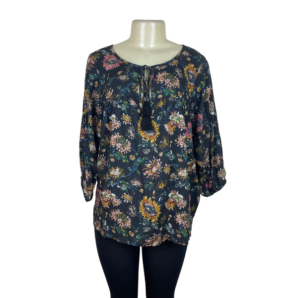 Natural Life Women's Black Blouse With Floral Print & Tassel Tie Sz M - New