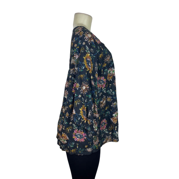 Natural Life Women's Black Blouse With Floral Print & Tassel Tie Sz M - New