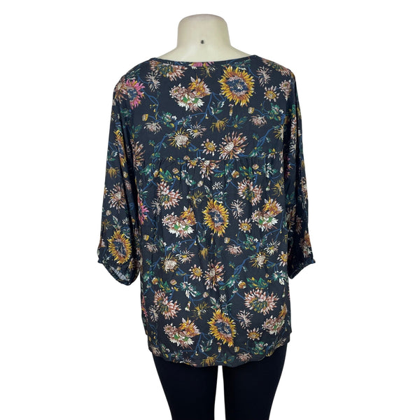 Natural Life Women's Black Blouse With Floral Print & Tassel Tie Sz M - New
