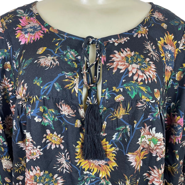 Natural Life Women's Black Blouse With Floral Print & Tassel Tie Sz M - New