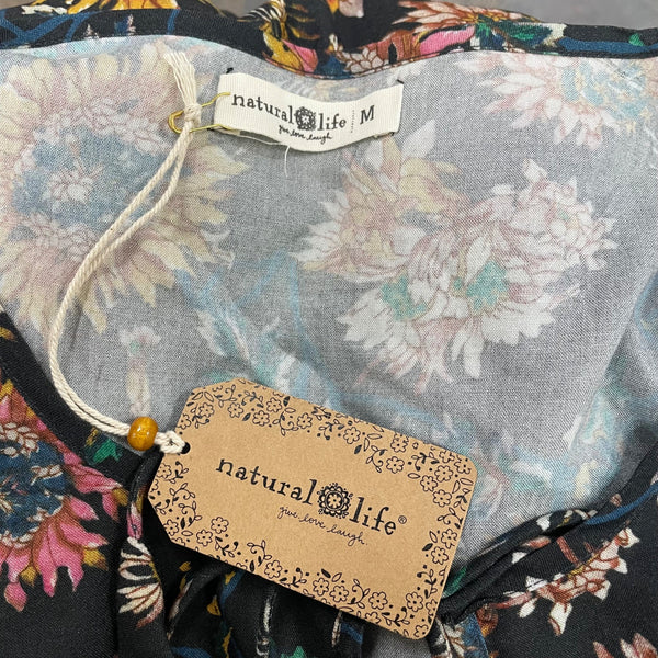 Natural Life Women's Black Blouse With Floral Print & Tassel Tie Sz M - New
