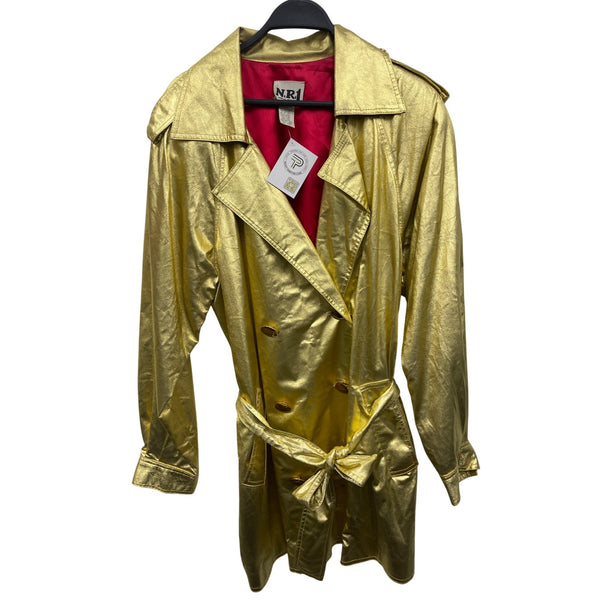 Gold Metallic Double-Breasted Trench Coat Size 12 By N.R.1 With Belted Waist & Red Lining