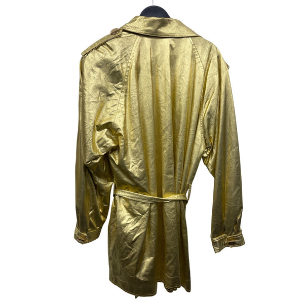 Gold Metallic Double-Breasted Trench Coat Size 12 By N.R.1 With Belted Waist & Red Lining