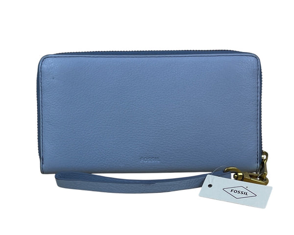 Fossil Women’s Horizon Blue Leather RFID Zip Wallet Wristlet Sz M-New