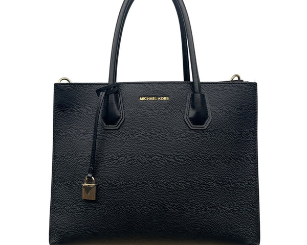 Michael Kors Black Pebbled Leather Satchel With Gold Hardware & Charm Tote Bag