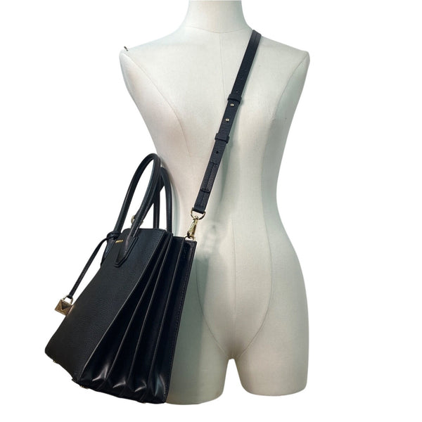 Michael Kors Black Pebbled Leather Satchel With Gold Hardware & Charm Tote Bag