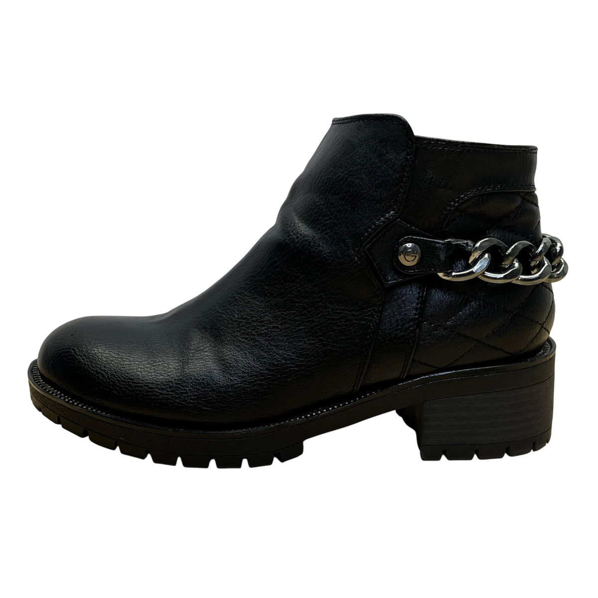G By Guess Women’s Black Faux Leather Chain Accent Ankle Boots Size 6.5M