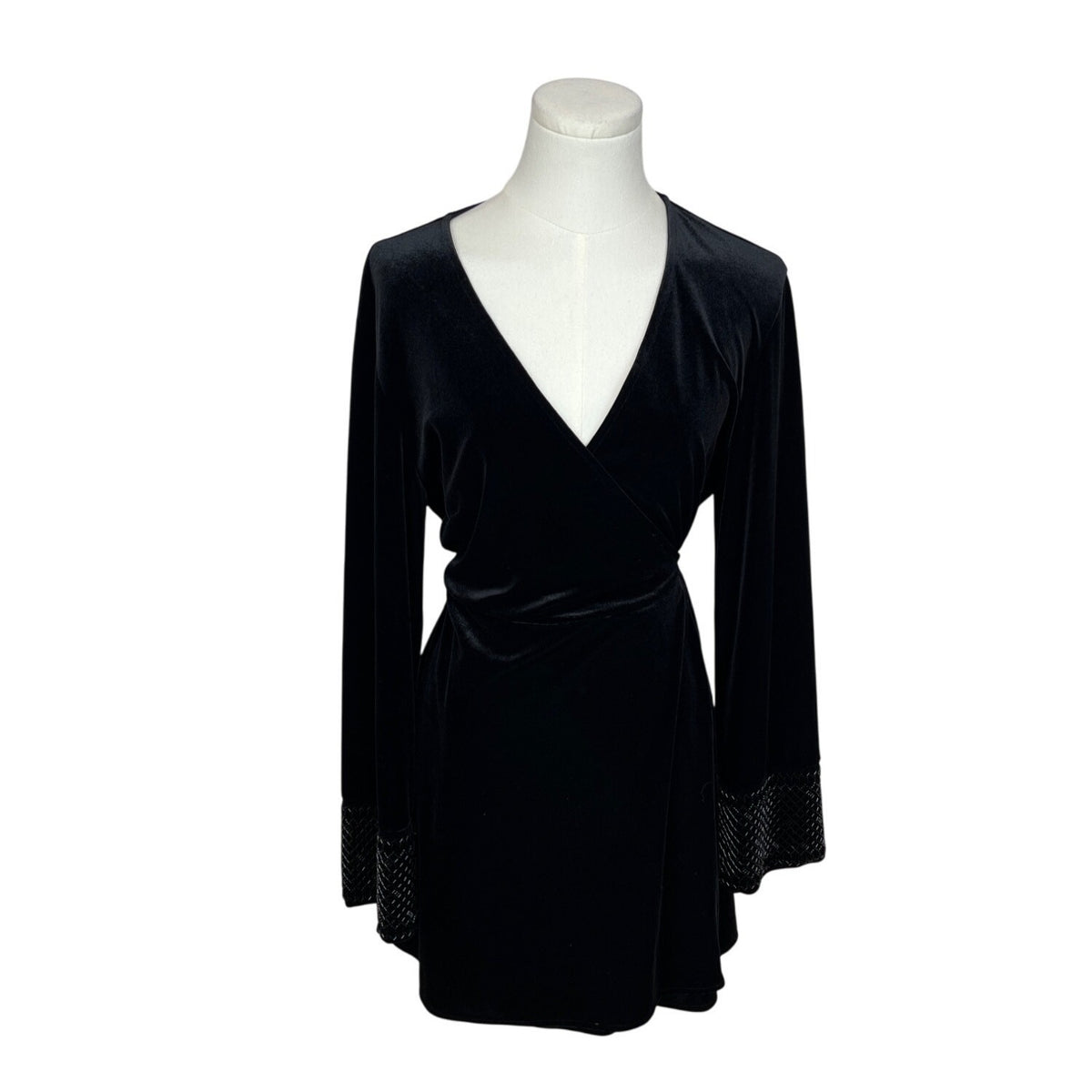 Zara Black Long Sleeve Velvet Wrap Dress With Beaded Cuffs Size L
