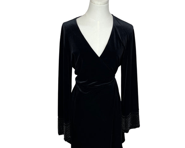 Zara Black Long Sleeve Velvet Wrap Dress With Beaded Cuffs Size L
