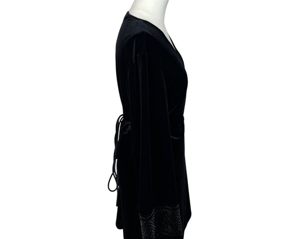 Zara Black Long Sleeve Velvet Wrap Dress With Beaded Cuffs Size L