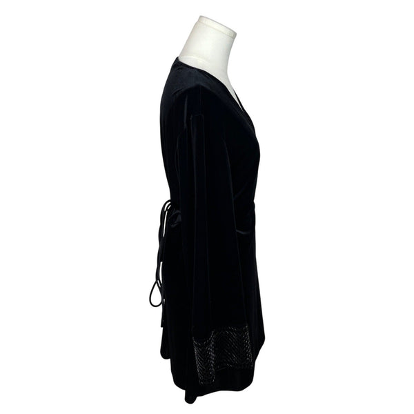 Zara Black Long Sleeve Velvet Wrap Dress With Beaded Cuffs Size L
