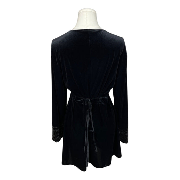 Zara Black Long Sleeve Velvet Wrap Dress With Beaded Cuffs Size L