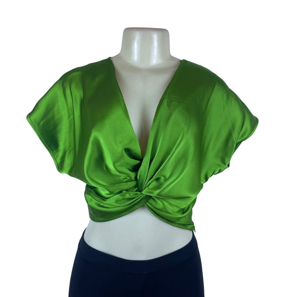 Rachel Zoe Women's Green Satin Twist-Front Blouse Short Sleeves S - New