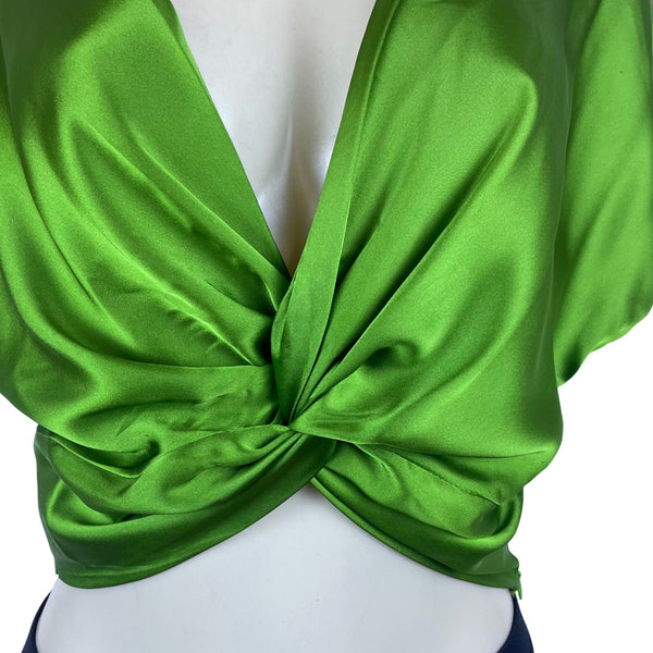 Rachel Zoe Women's Green Satin Twist-Front Blouse Short Sleeves S - New