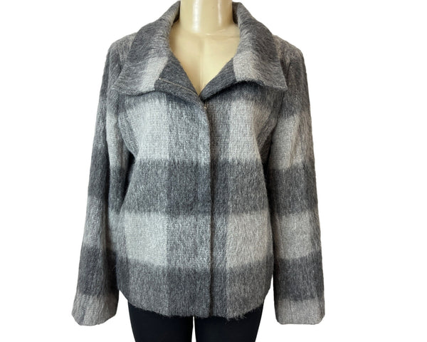 Talbots Women's Grey Alpaca Outer Shell Squared Pattern Long Sleeve Coat Sz 14