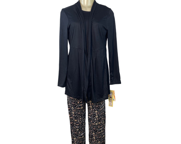 Muk Luks 3-Piece Black Open Cardigan T-Shirt & Floral Pant Lounge Set Sz S - New
