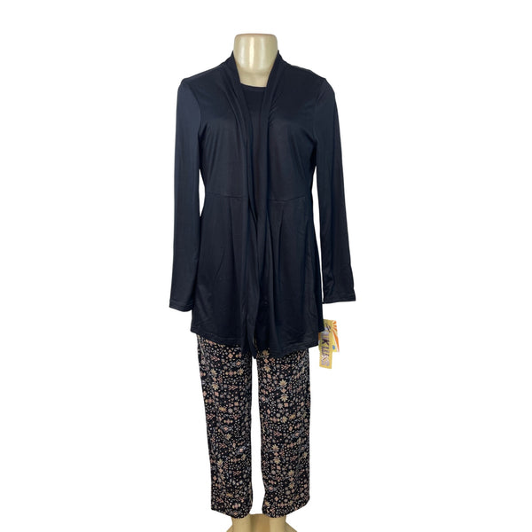 Muk Luks 3-Piece Black Open Cardigan T-Shirt & Floral Pant Lounge Set Sz S - New