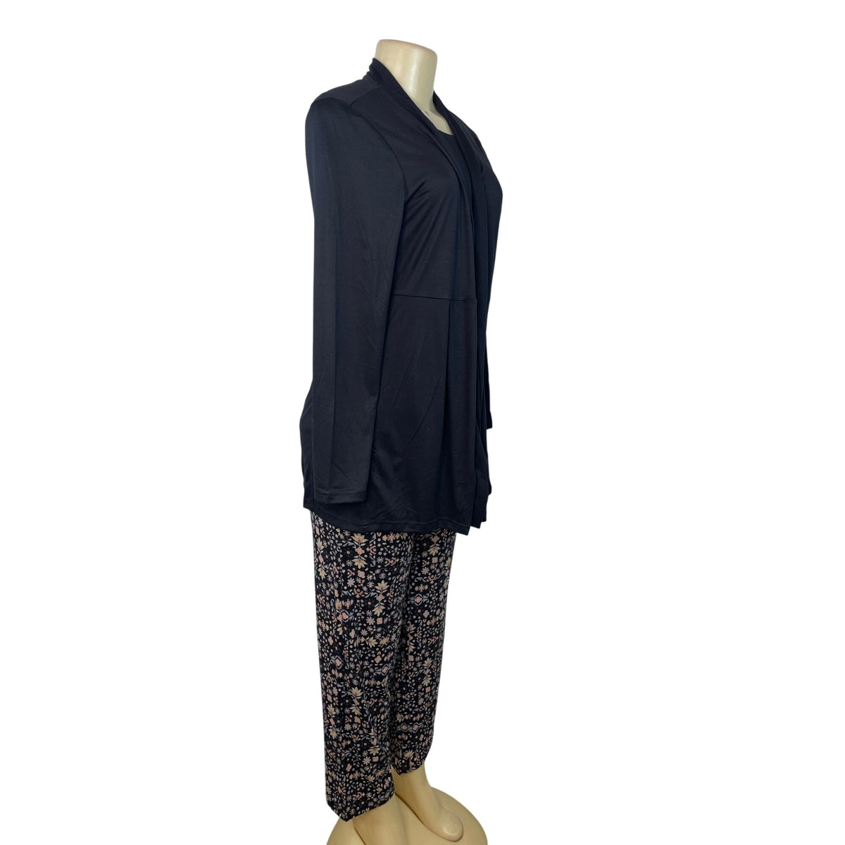 Muk Luks 3-Piece Black Open Cardigan T-Shirt & Floral Pant Lounge Set Sz S - New