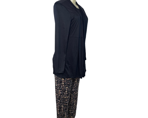 Muk Luks 3-Piece Black Open Cardigan T-Shirt & Floral Pant Lounge Set Sz S - New