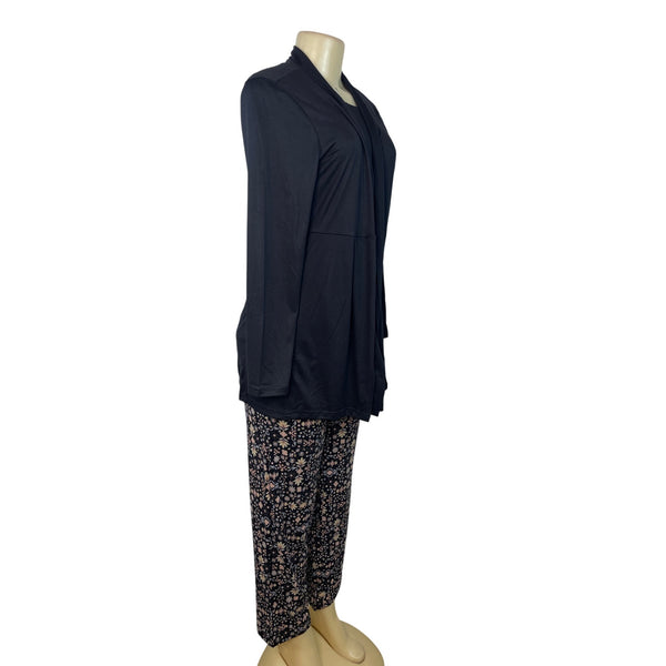 Muk Luks 3-Piece Black Open Cardigan T-Shirt & Floral Pant Lounge Set Sz S - New